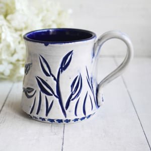 Image of Hand Carved Dark Blue Stoneware Mug, Hand Carved Pottery Mug, Made in USA