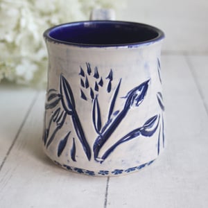 Image of Hand Carved Dark Blue Stoneware Mug, Hand Carved Pottery Mug, Made in USA