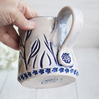 Image 4 of Hand Carved Dark Blue Stoneware Mug, Hand Carved Pottery Mug, Made in USA