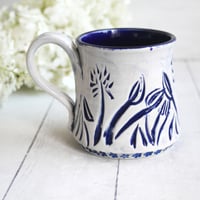 Image 1 of Hand Carved Dark Blue Stoneware Mug, Hand Carved Pottery Mug, Made in USA