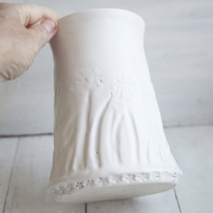 Image of Hand Carved Floral Matte White Vase, Rustic Modern Decor, Made in USA