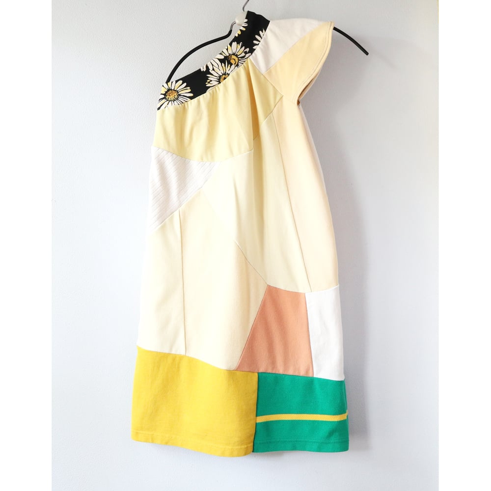 Image of patchwork sunny yellow gold green 10 one shoulder asymmetrical flutter courtneycourtney dress