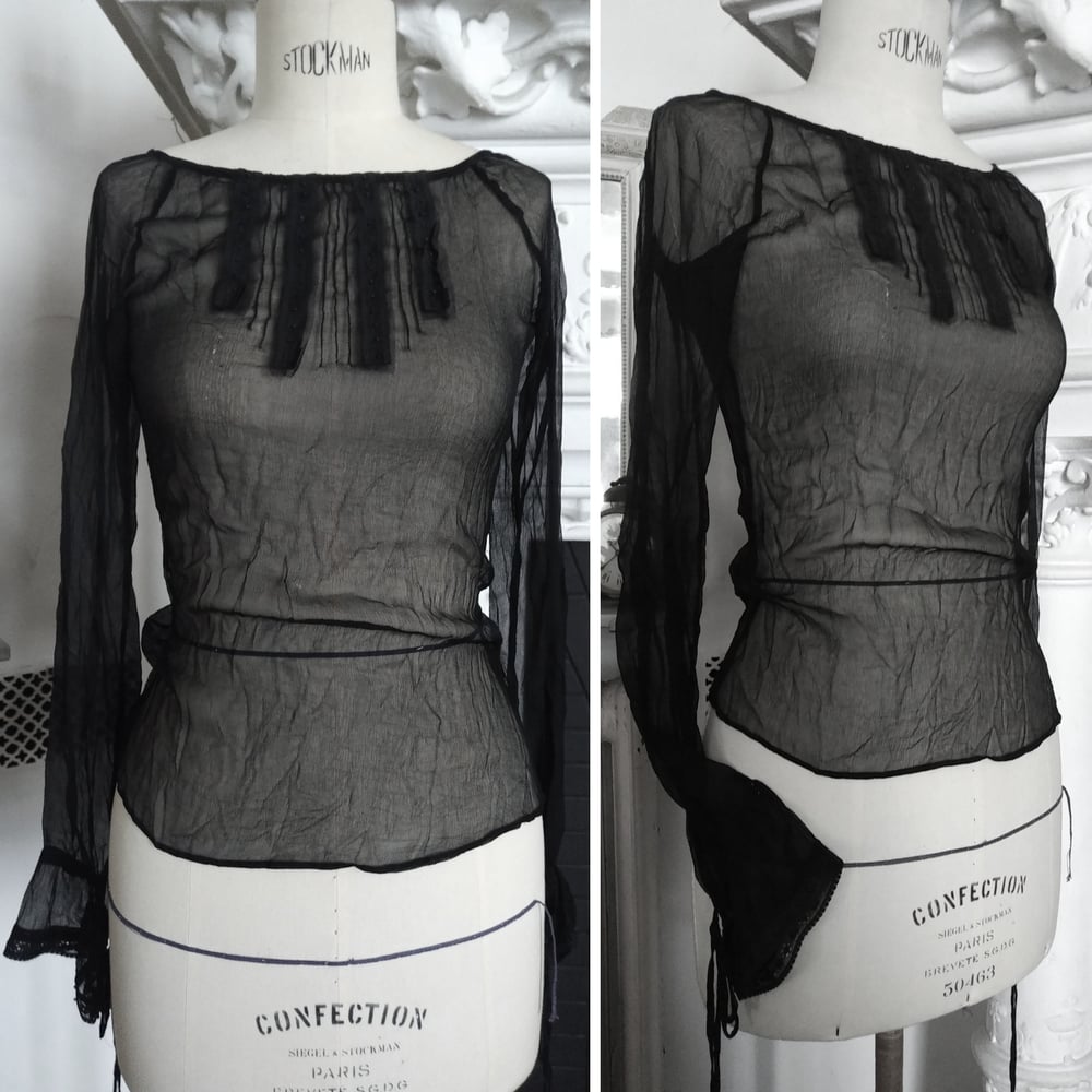 Image of BLACK SHEER SILK BLOUSE ※ long sleeves - silk chiffon & lace - XS / S