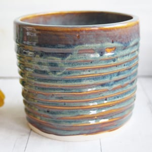 Image of Utensil Holder in Deep Amber Brown  and Blue Green Glaze, Handmade Kitchen Crock, Made in USA