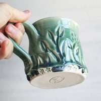 Image 3 of Hand Carved Winter Green Stoneware Mug, 12 Ounce Pottery Mug, Made in USA