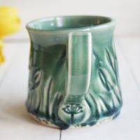 Image 5 of Hand Carved Winter Green Stoneware Mug, 12 Ounce Pottery Mug, Made in USA