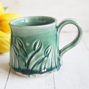 Image of Hand Carved Winter Green Stoneware Mug, 12 Ounce Pottery Mug, Made in USA
