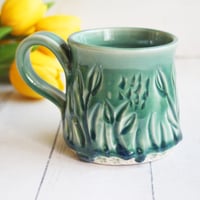 Image 1 of Hand Carved Winter Green Stoneware Mug, 12 Ounce Pottery Mug, Made in USA