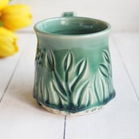 Image 4 of Hand Carved Winter Green Stoneware Mug, 12 Ounce Pottery Mug, Made in USA