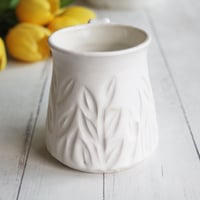 Image 3 of Hand Carved Satin White Stoneware Mug, 14 Ounce Pottery Mug, Made in USA