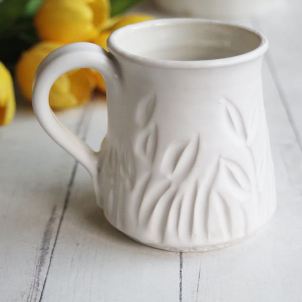 Image of Hand Carved Satin White Stoneware Mug, 14 Ounce Pottery Mug, Made in USA