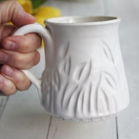 Image 4 of Hand Carved Satin White Stoneware Mug, 14 Ounce Pottery Mug, Made in USA