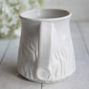 Image of Hand Carved Satin White Stoneware Mug, 14 Ounce Pottery Mug, Made in USA
