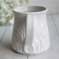 Image 5 of Hand Carved Satin White Stoneware Mug, 14 Ounce Pottery Mug, Made in USA