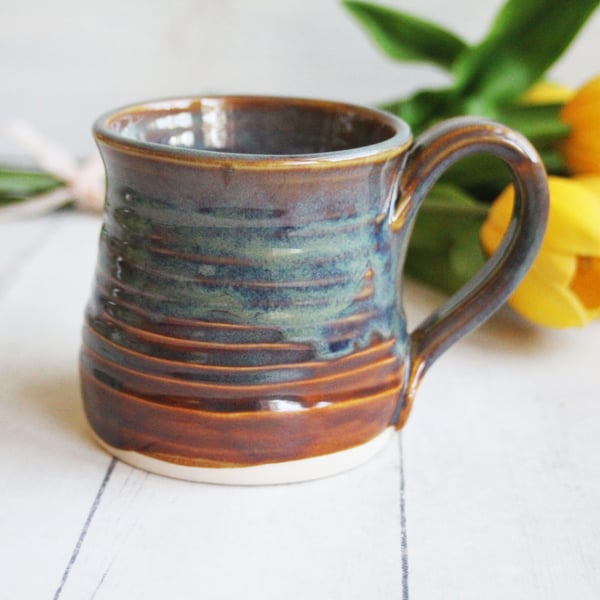 Image of Stoneware Mug with Greenish Blue and Brown Earthy Glazes, Made in USA