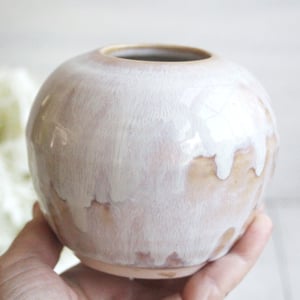 Image of Rustic Dripping White and Ocher Vase, Small Handcrafted Pottery Vase Made in USA