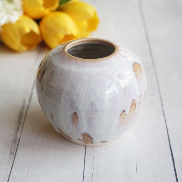 Image of Rustic Dripping White and Ocher Vase, Small Handcrafted Pottery Vase Made in USA