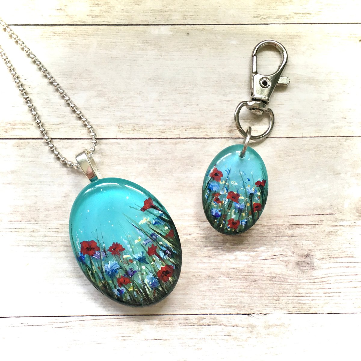 Poppy and Cornflower Meadow Resin Pendant Bijou but Deadly