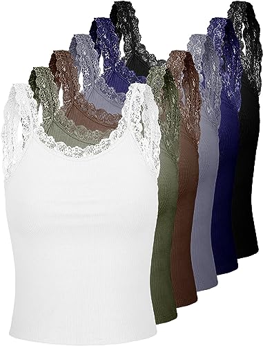 6 Pieces Lace Camisole Tank Tops Womens Lace Cami Undershirt Lace Trim Camisole Lace Straps Ribbed T