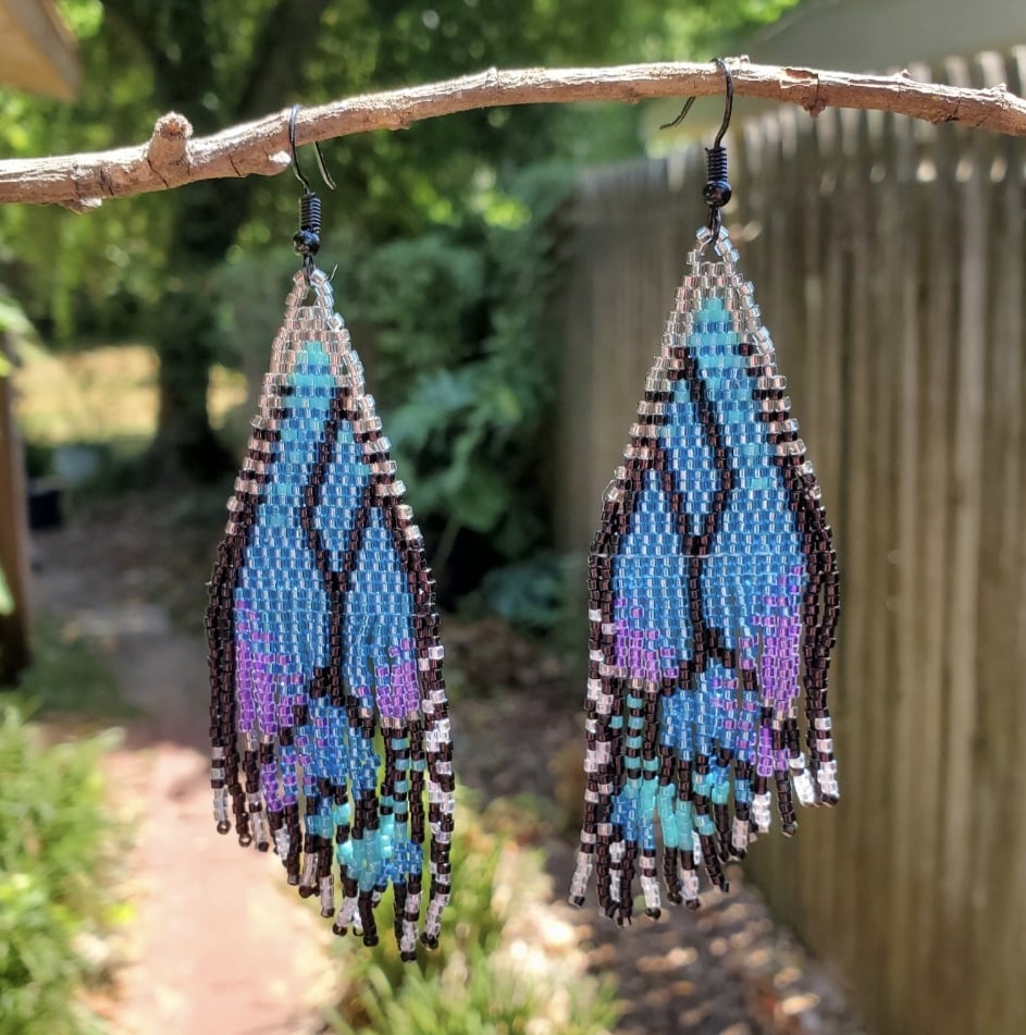 Image of Blue Butterfly Wings Beaded Fringe Earrings .