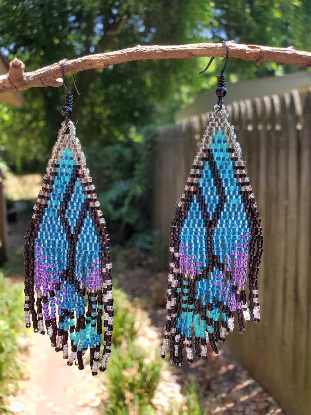 Image of Blue Butterfly Wings Beaded Fringe Earrings .