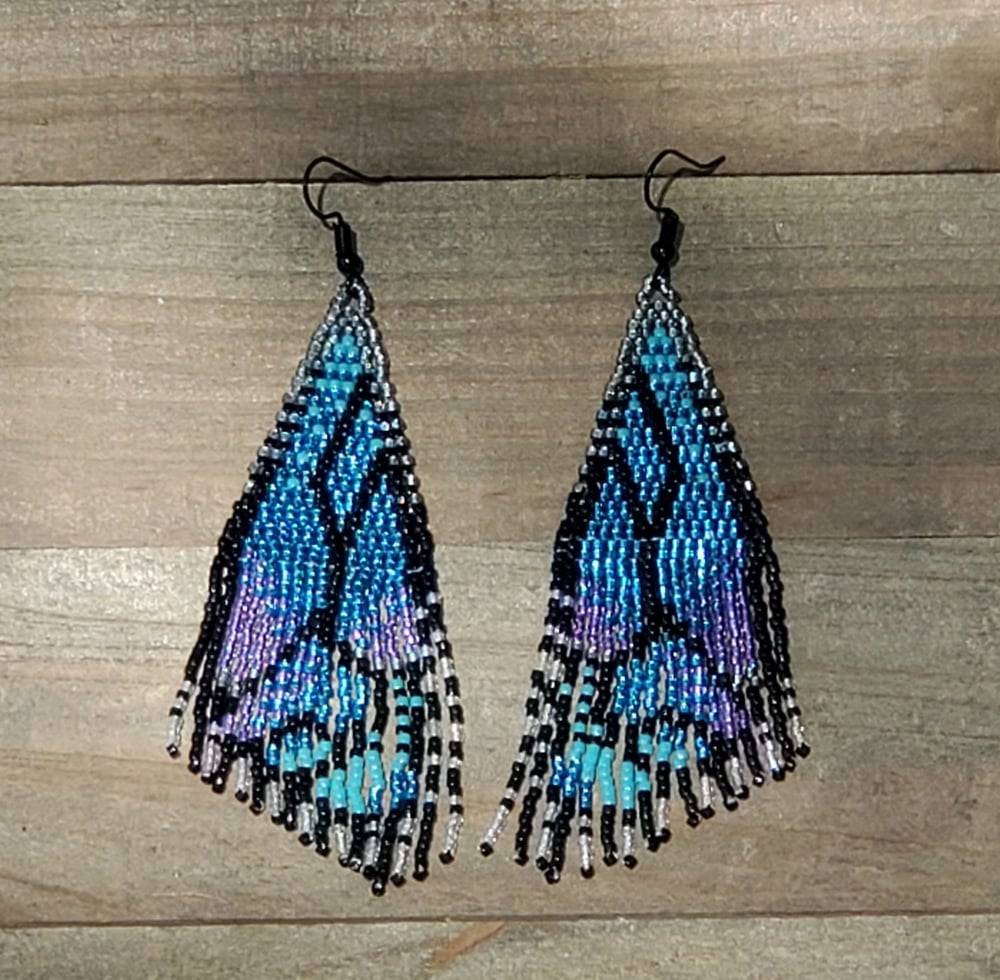 Image of Blue Butterfly Wings Beaded Fringe Earrings .