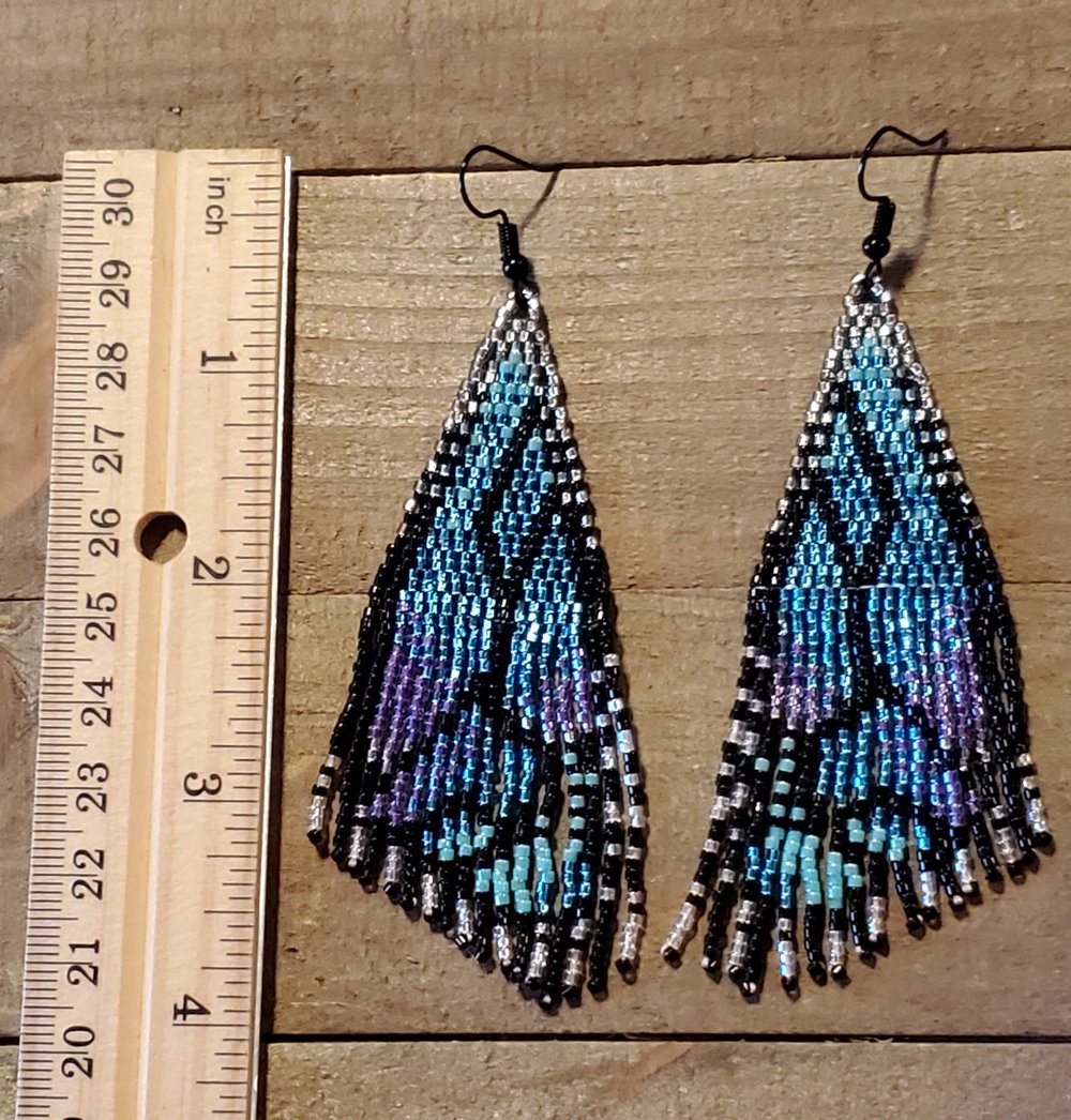 Image of Blue Butterfly Wings Beaded Fringe Earrings .