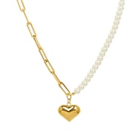 Image 1 of 18K Gold Plated Stainless Steel Imitation Pearl & Paperclip Link Heart Necklace