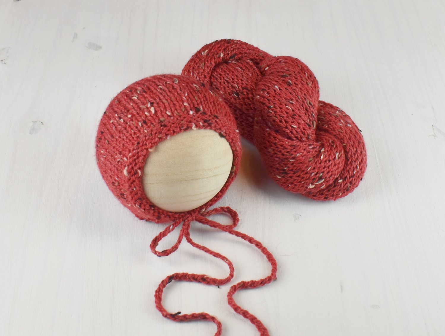 Image of Brick Red Tweed Knit Bonnet & Wrap