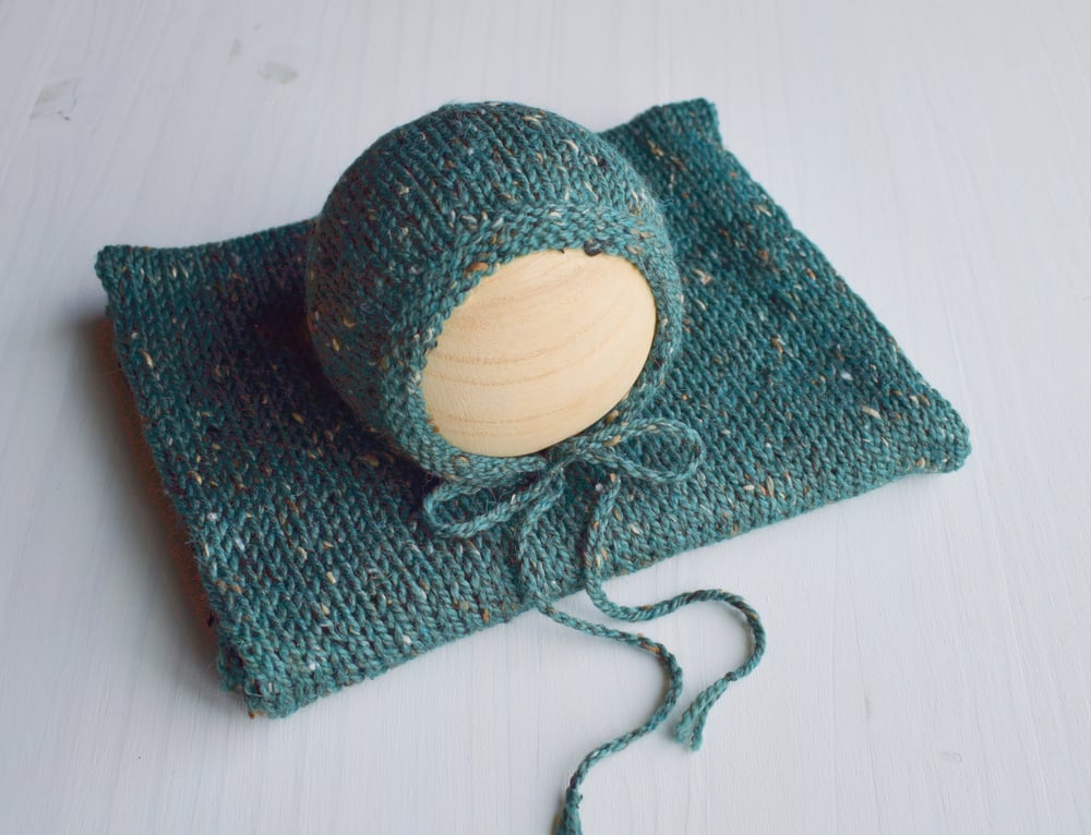 Image of Teal Tweed Knit Bonnet & Wrap