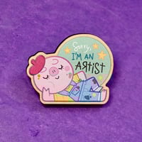 Image 1 of Sorry, I’m an Artist - Pig with Overalls - Wooden Pin Badge