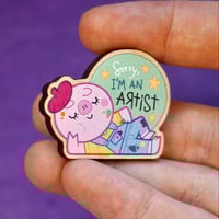 Image 2 of Sorry, I’m an Artist - Pig with Overalls - Wooden Pin Badge