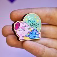 Image 3 of Sorry, I’m an Artist - Pig with Overalls - Wooden Pin Badge