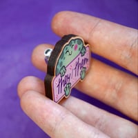 Image 3 of They/Them Pronouns Frog - Wooden Pin Badge