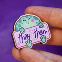Image 2 of They/Them Pronouns Frog - Wooden Pin Badge