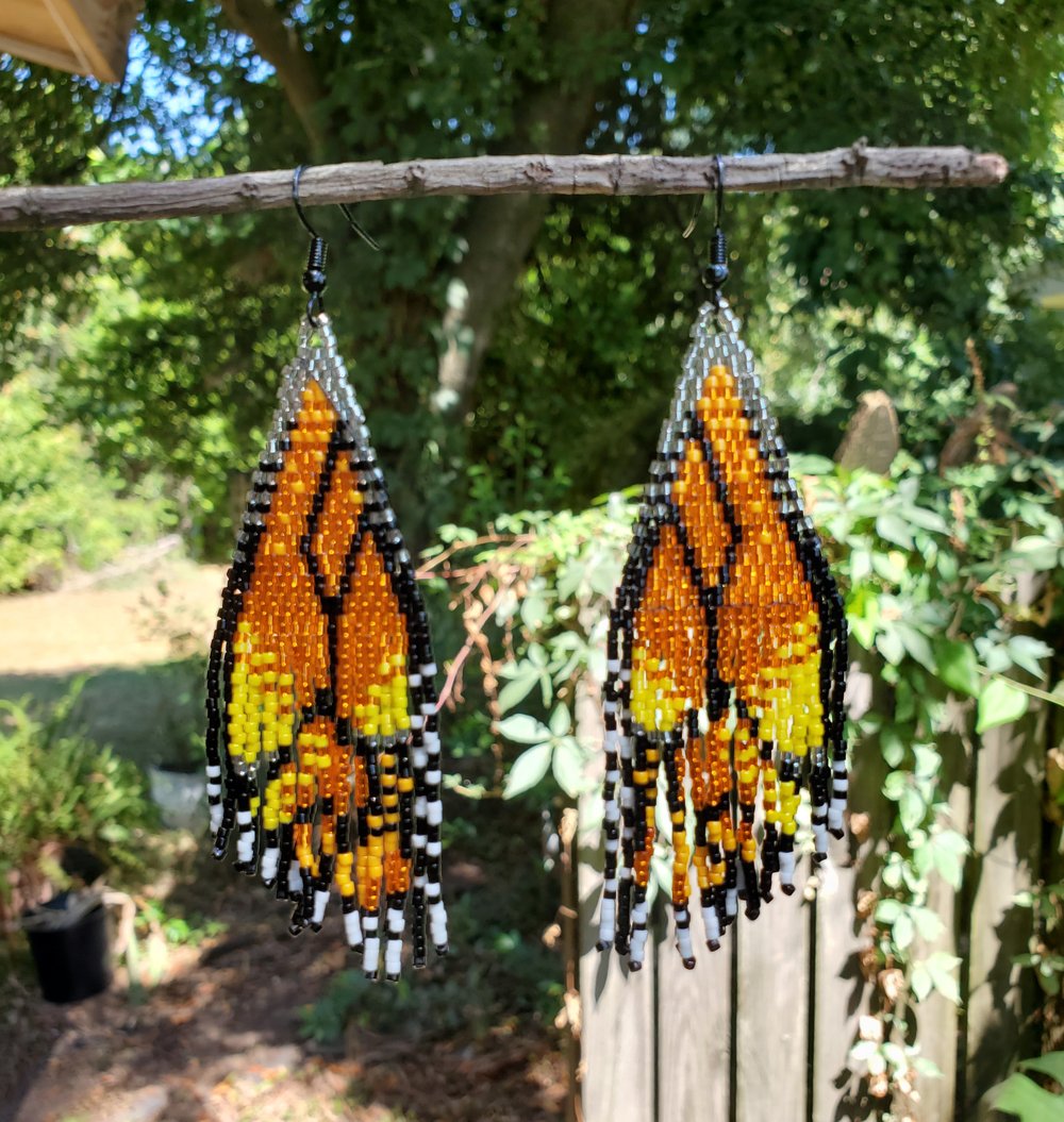 Image of Monarch Wings Beaded Fringe Earrings .