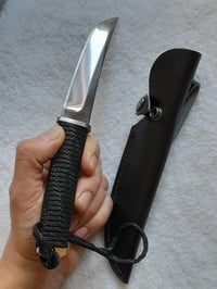 Image 1 of Outdoor Survival Tanto Stainless Steel Fixed Knife with Black Leather Sheath
