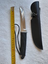 Image 3 of Outdoor Survival Tanto Stainless Steel Fixed Knife with Black Leather Sheath