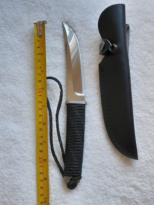 Outdoor Survival Tanto Stainless Steel Fixed Knife with Black Leather Sheath