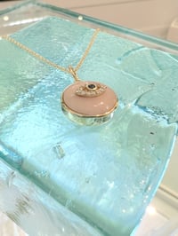 Image 2 of 14k pink opal round disk with diamond evil eye pendant 