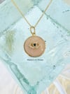 14k pink opal round disk with diamond evil eye pendant 