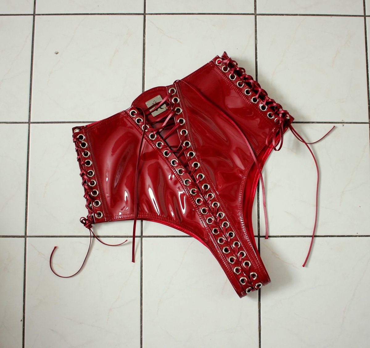 Image of Limited Infinity Lace Up Hotpants in oxblood PVC (Size S & custom size)