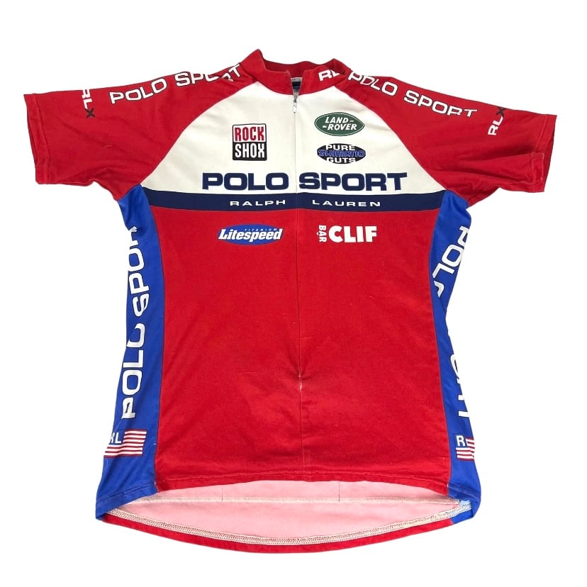 Vintage 90s Ralph Lauren Polo Sport Cycling Jersey Red WAY OUT CACHE