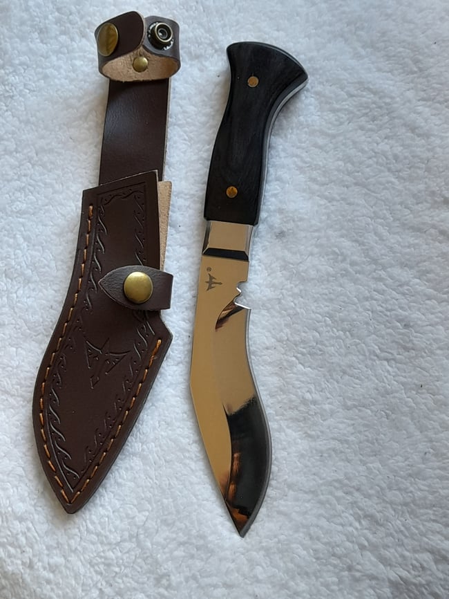 Kukri Gurkha Full Tang Stainless Steel Fixed Knife Ebony Wood Handle and Decorated Leather Sheath
