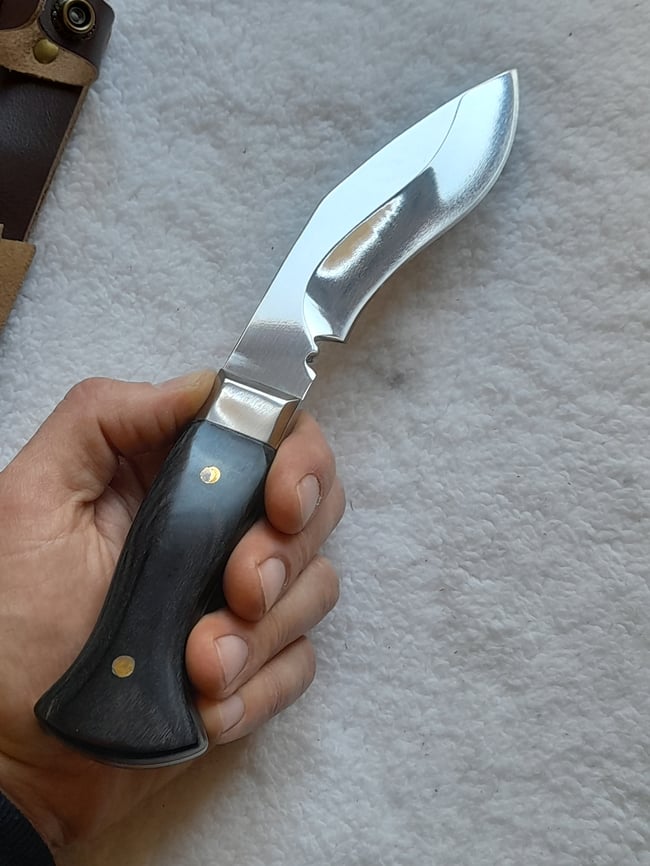 Kukri Gurkha Full Tang Stainless Steel Fixed Knife Ebony Wood Handle and Decorated Leather Sheath