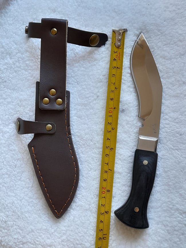 Kukri Gurkha Full Tang Stainless Steel Fixed Knife Ebony Wood Handle and Decorated Leather Sheath