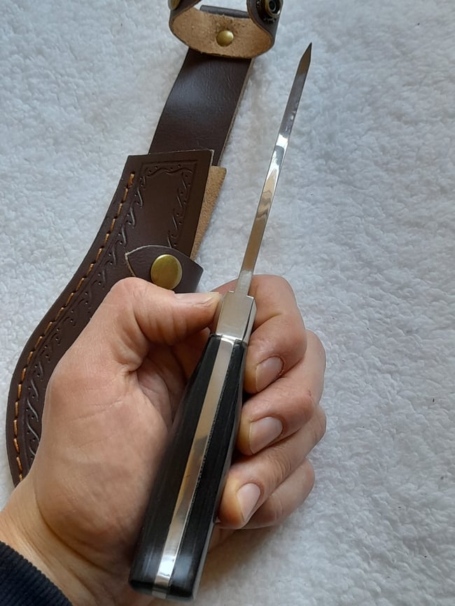Kukri Gurkha Full Tang Stainless Steel Fixed Knife Ebony Wood Handle and Decorated Leather Sheath