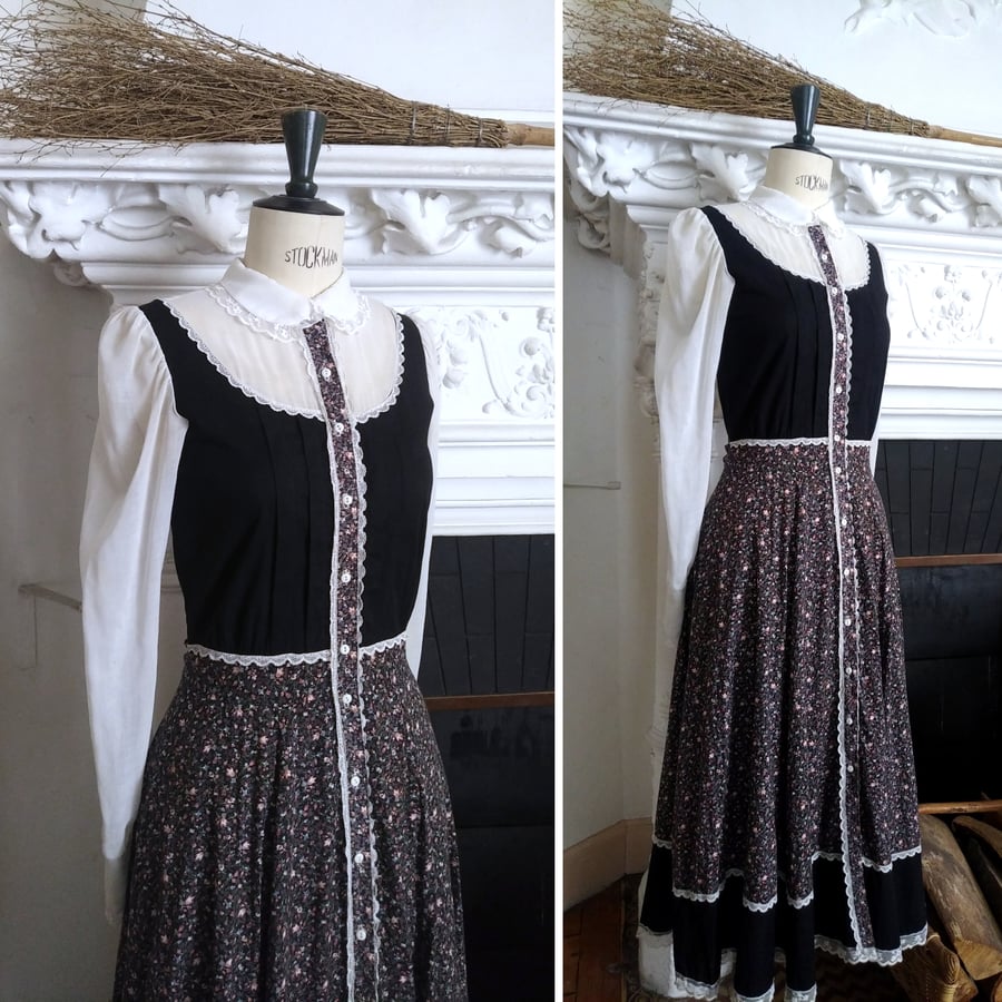 Image of BLACK & WHITE GUNNE SAX PRAIRIE DRESS ※ Peter Pan collar, bib & flowery skirt