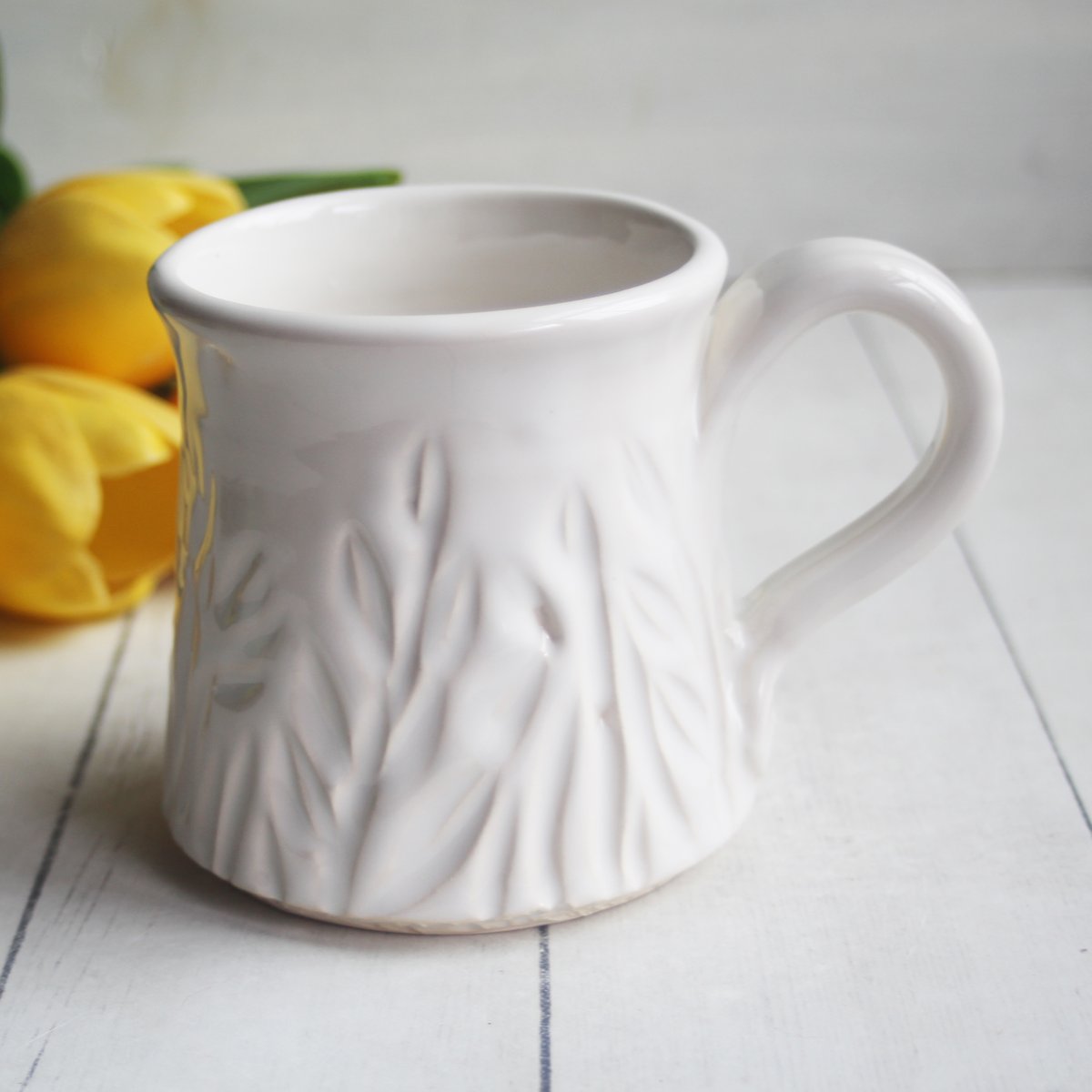 Andover Pottery — Hand Carved Shiny White Stoneware Mug, 13 Ounce