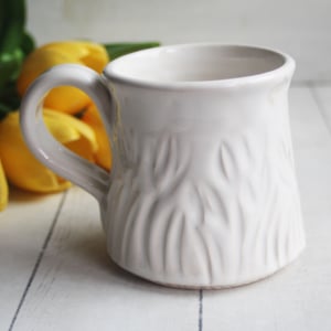 Image of Hand Carved Shiny White Stoneware Mug, 13 Ounce Pottery Mug, Made in USA